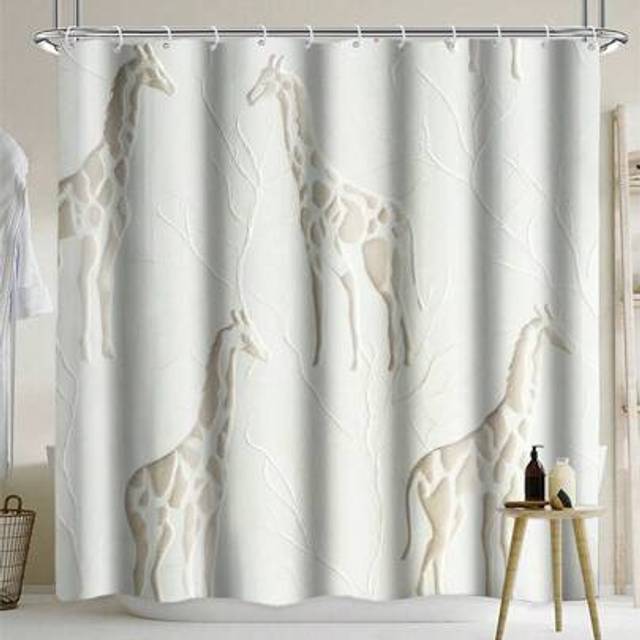 SHEIN 1pc Vintage Giraffe Textured Art Print Waterproof Shower Curtain/Tapestry, Luxury Element Bathroom Decor Hanging, 12 Hooks, Waterproof Polyester Fabri
