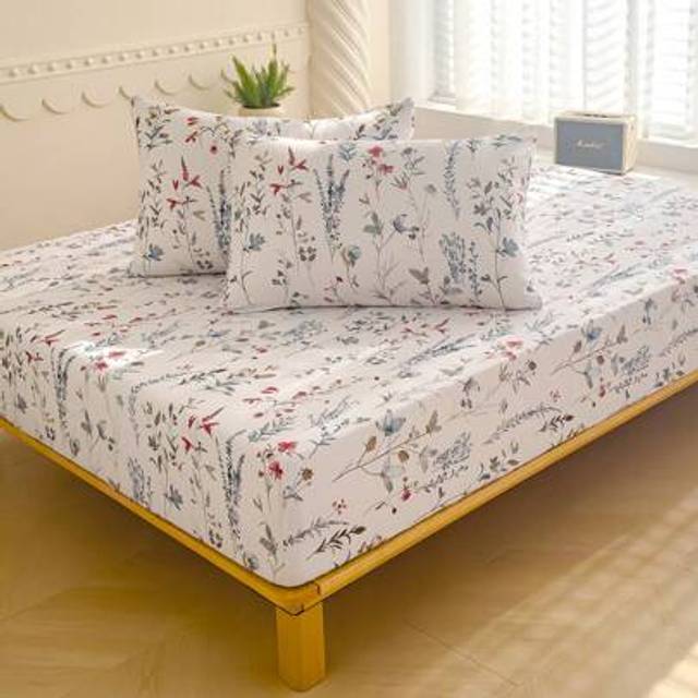 SHEIN 2/3 Pcs Soft Fitted Sheet Sets - Floral Sheet Set 1/2 Pillowcase And 1 Mattress Protector (30cm / 12in Deep) Modern Mattress Cover Or Bed Pad Pillow C