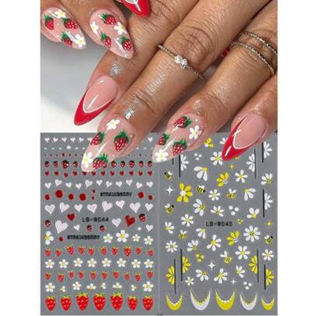 SHEIN Strawberry Daisy Summer Nail Art Stickers Decals Cartoon White Daisy Flowers Cute Bee Ladybug Mixed Petals Elegant French Design 3D Self-Adhesive Nail