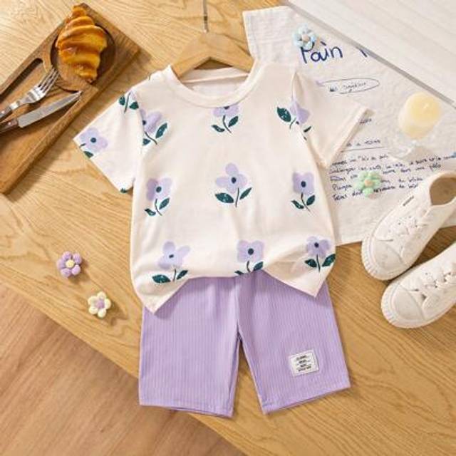SHEIN Ramadan 2pcs Girls Floral Print Round Neck Short Sleeve T-Shirt And Striped Fitted Pants Set, Casual & Sweet Summer Outfit Young Girls Sets Young Girl