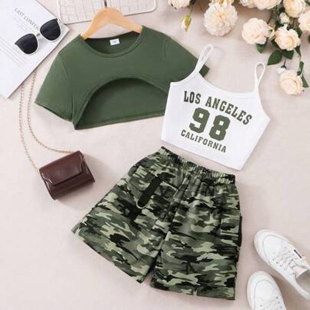 SHEIN 3pcs/Set Girls Casual Cute Sports Style Solid Color Half Sleeve Tee, Printed Camisole & Camouflage Shorts, For Spring, Summer, Autumn