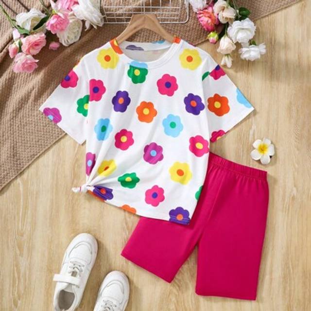 SHEIN 2pcs/Set Girls&#39; Casual Flower Print Round Neck Short Sleeve T-Shirt And Leggings Set, Versatile For Daily Wear & Summer Holiday