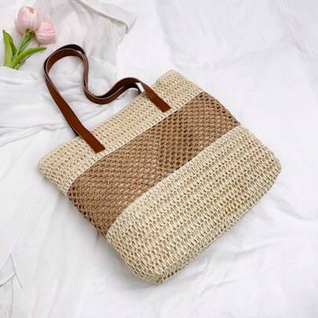 SHEIN 2025 New Vacation Style Beach Contrasting Woven Bag, Fashionable Hollow Out Large Capacity Commuting Leisure Single Shoulder Women&#39;s Bag