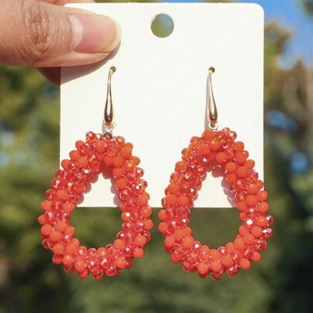 SHEIN 1 Pair Handmade Bohemian Style Crystal Bead & Seed Bead Drop Earrings, Orange & Beige, Vintage Geometric Water Drop Design, Suitable For Valentine&#39;s D