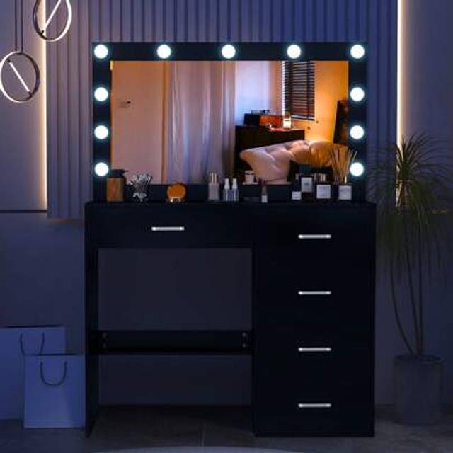 SHEIN Black Dressing Table With Large Mirror &11 LED Lights Drawers Vanity Makeup Desk