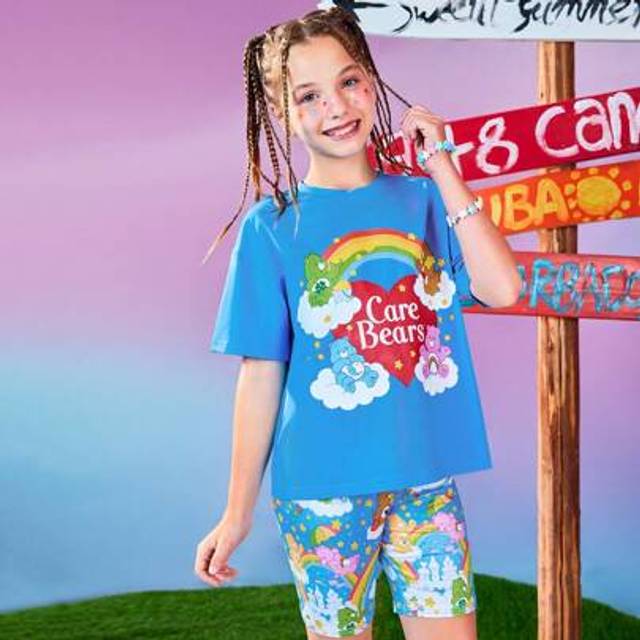 SHEIN Tween Girl Cartoon Heart & Bear Rainbow Print Blue Casual Short Sleeve T-Shirt & Shorts Matching Set, Comfortable & Versatile