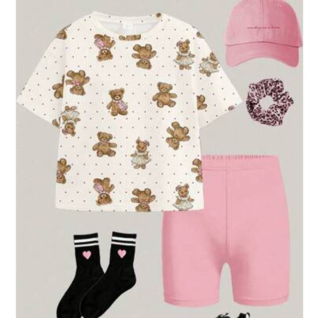 SHEIN 2pcs Baby Girls Casual Stylish Cartoon Bear & Polka Dot Print Short Sleeve T-Shirt And Bike Shorts Set, Sibling Matching Outfit (2 Pieces Set Sold Sep