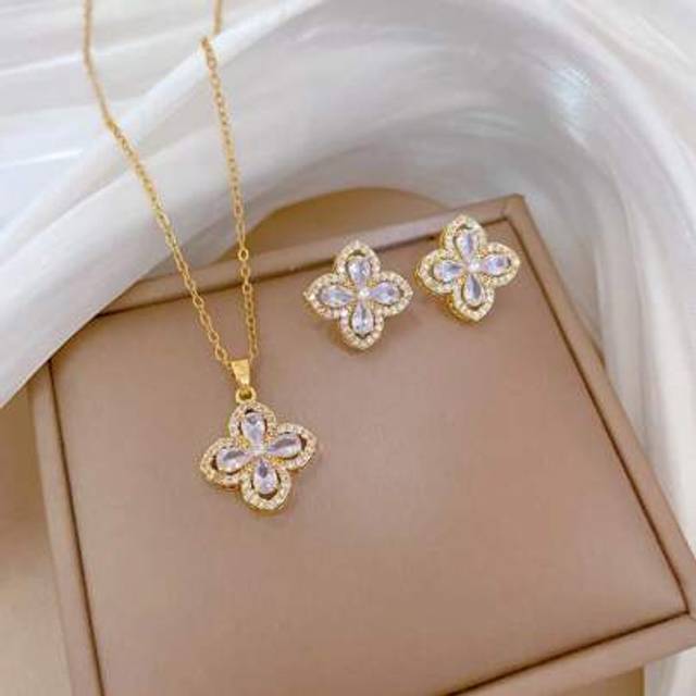 SHEIN 1 Set Stainless Steel Necklace & Earring Jewelry Set, Luxury Rhinestone Classic Versatile Personalized Party Earrings & Necklace Gift, No Gift Box