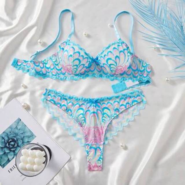 SHEIN 2pcs Women Lace Sheer Sexy Lingerie Set, Blue Bra & Panty, Intimate Sleepwear For Valentine&#39;s Day Ultrathin Bra