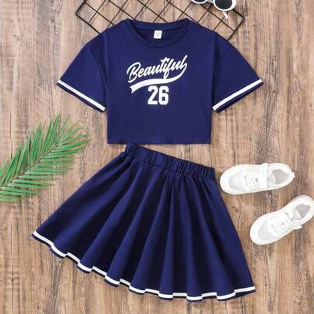 SHEIN Tween Girls Letter Print Color Blocking Ribbon Decor Short Sleeve T-Shirt And Loose Fit Midi Skirt Casual 2 Pieces Set