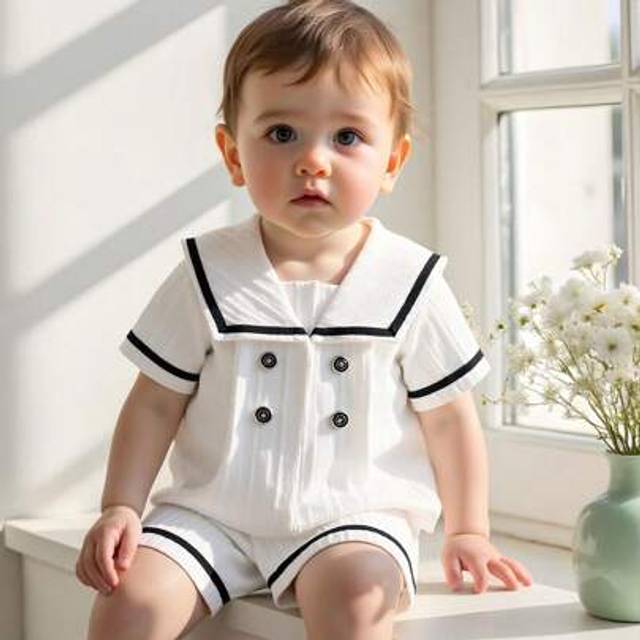 SHEIN 2pcs Baby Boys&#39; Sailor Collar White Short Sleeve Shirt And Comfortable Casual Shorts Set, With Button And Ribbon Decor, 6M-3T, School Style & Cute Out