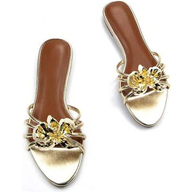 SHEIN Women&#39;s Elegant Gold Metal Flower Decor Strap Dress Flat Mules Shoes, Comfortable Round Toe Slip-On Daily And Party Wear