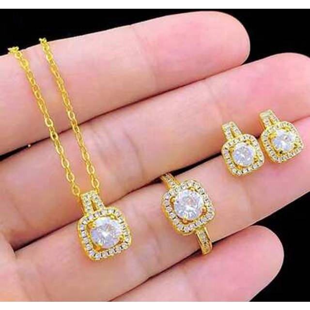 SHEIN 4pcs/Set Rectangle Rhinestone Earrings, Necklace And Ring Set, Elegant Luxury Style Delicate Gift For Women