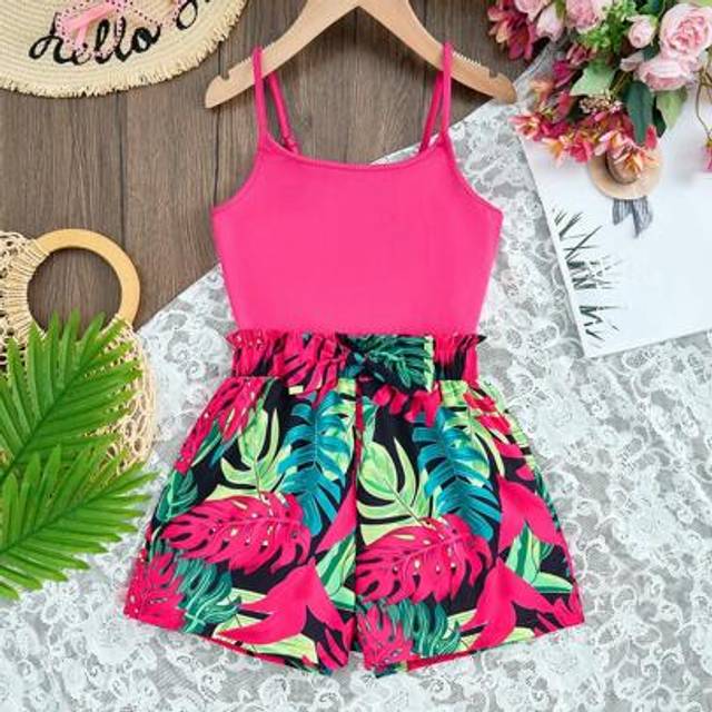 SHEIN Tween Girl Pink Simple Leaf Print Pattern Sleeveless Tank Top And Shorts 2 Pieces Set, Slim Fit Young Girls Sets Summer Young Girls Sets Sets For Girl