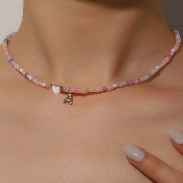 SHEIN Boho Handmade Rice Bead Necklace 26 Letter Choker Clavicular Chain Colorful Female Beach Women&#39;s Necklace Jewelry