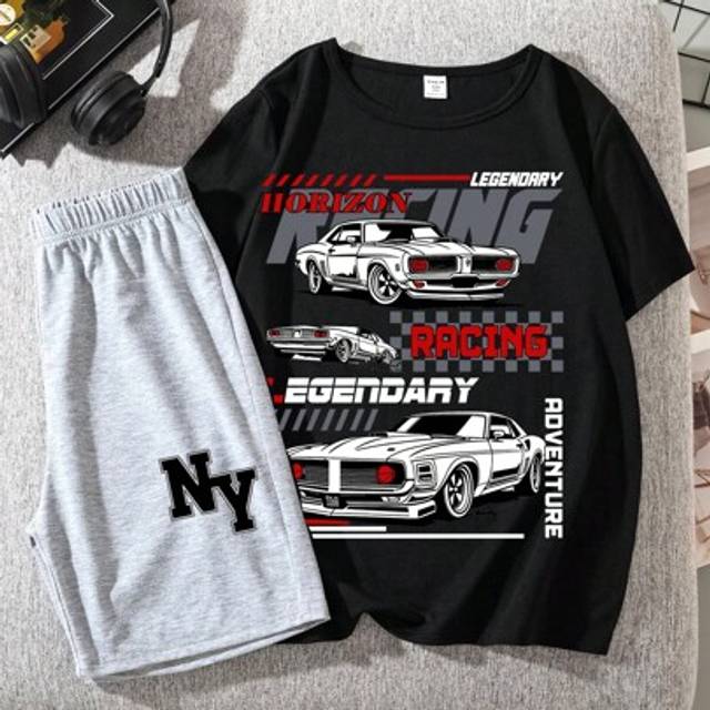 SHEIN 2pcs Tween Boys Casual Racing Car, New York City Graphic Round Neck Short Sleeve T-Shirt And Shorts Set, For Summer