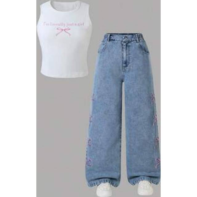 SHEIN 2pcs Set For Teenage Girls: Y2K Style Bow Decor Camisole Top And Bow Embroidered Straight Leg Blue Washed Denim Casual Jeans, Vacation Outfit