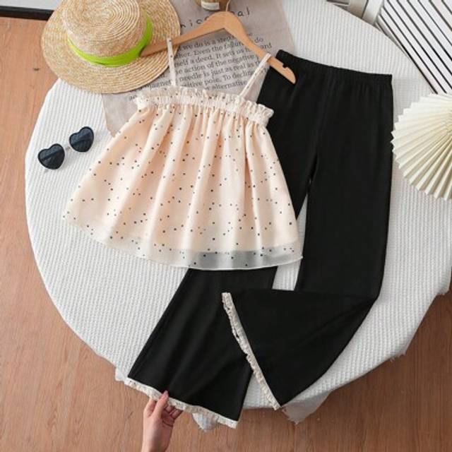 SHEIN Girls Casual 2pcs Set: Polka Dot Loose Dress-Like Tank Top + Slim Fit Flare Leg Pants, Fashionable & Stylish Outfit For Summer