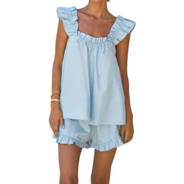 SHEIN Women&#39;s Summer Pajamas Sets Sleeveless Ruffle Crop Tank Top + Ruffle Shorts Lounge Pajama Sleepwear
