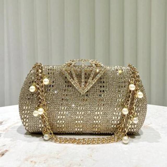 SHEIN 1pc Luxurious Gold Rhinestone & Crystal Decorated Women&#39;s Evening Clutch Bag, Pearl Chain Strap Handbag For Party, Wedding, Cocktail