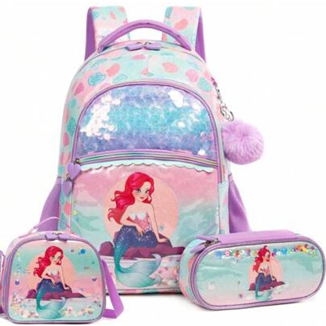 SHEIN 3PCS Cute Sequin Backpack For Girls With Lunch Bag And Pencil Case For Elementary School