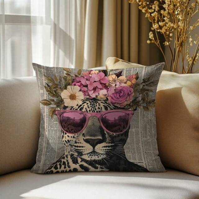 SHEIN 1pc Vintage Newspaper Floral & Leopard Print Decorative Pillow Cover, Single Sided Soft Velvet Fabric, 45*45CM/18*18inch Cushion Slip Cover For Modern
