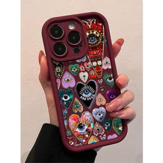 SHEIN 1pc Wine Red Heart Rhinestone Eye Funny Shockproof Phone Case Compatible With Apple 16 15 14 13 12 11 Pro Max And Series Waterproof Anti-Fall Scratch