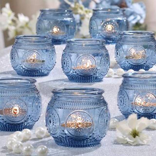 SHEIN Vintage Glass Candle Holders] Vintage Glass Votive Candle Holders -Blue Candle Holders Bulk For Party Decoration, Tea Lights & Wedding Shower Gift Gif
