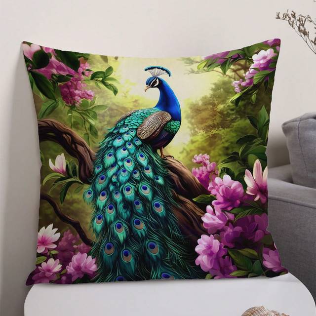 SHEIN 1pc Peacock Patterned Decorative Throw Pillow Cover, Modern Fabric Plush Printed Cushion Cover Suitable For Sofa, Living Room Home Decor