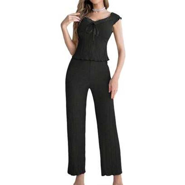 SHEIN Women&#39;s Summer Pajamas Set Stylish Solid Lace Trim Bow V Neck Tops With Pants Lounge Wear 2 Pcs Set