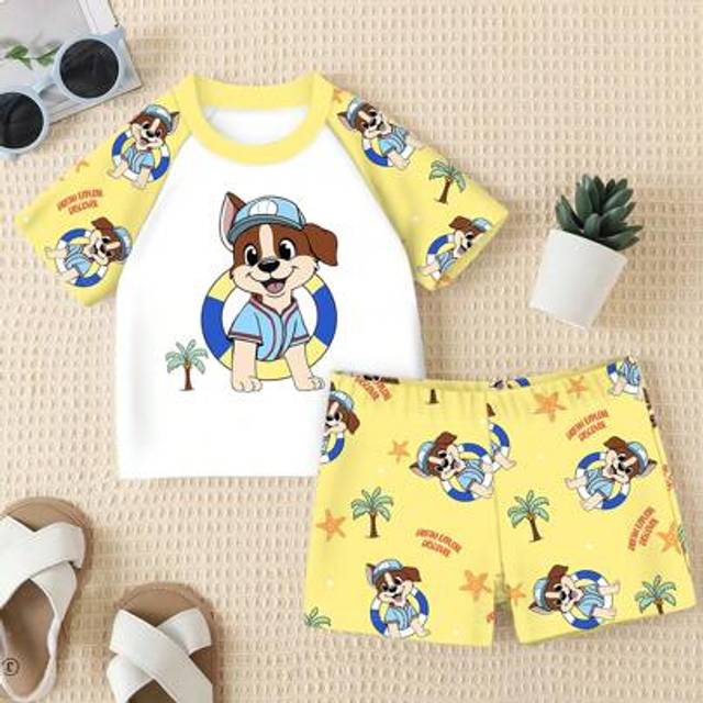 SHEIN Baby Boy Cute Dog Print Casual Slim Fit Round Neck Short Sleeve Top And Shorts Swimsuit Set, Suitable For Summer