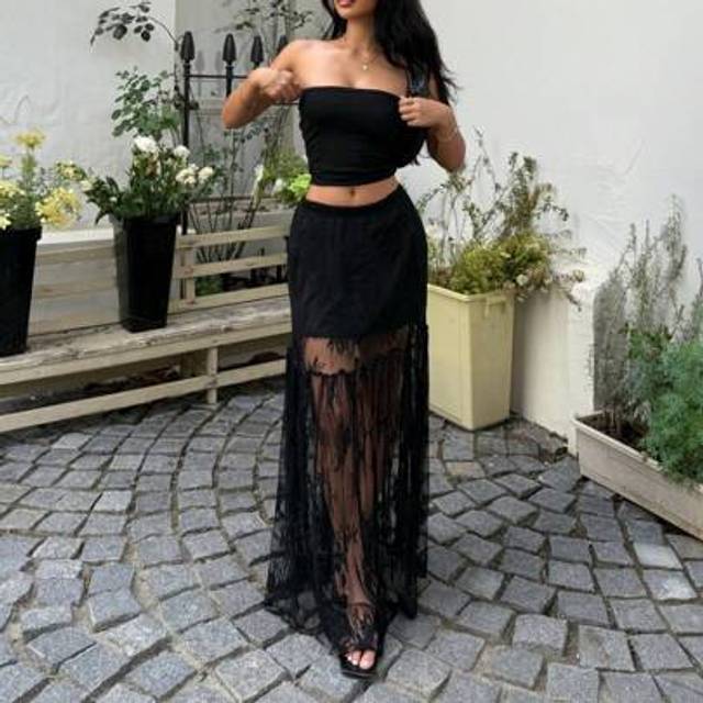 Muchica Plus Size White Lace Patchwork Elastic Waist Long Elegant A-Line Skirt, Spring/Summer