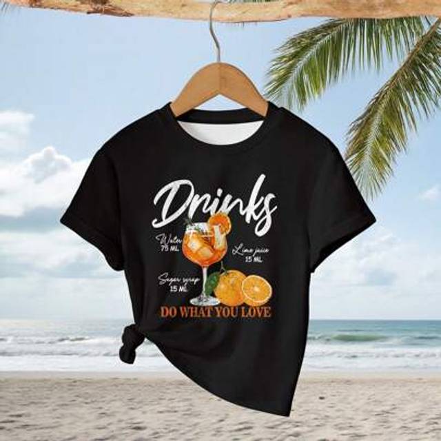SHEIN Teen Girls Round Neck Short Sleeve Letter Design Cute Print Sweet Casual T-Shirt, Comfortable Versatile For All Seasons, Summer Fruit Drink Print Mini