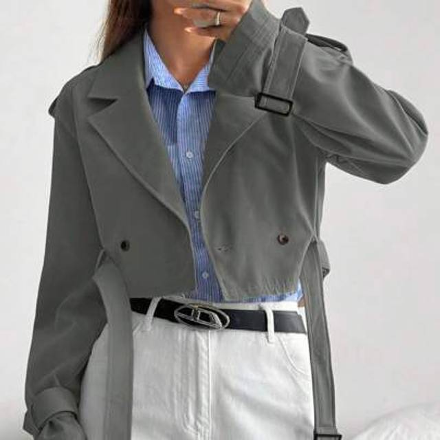SHEIN 1pc Women Gray Solid Color Double Breasted Long Sleeve Trench Coat
