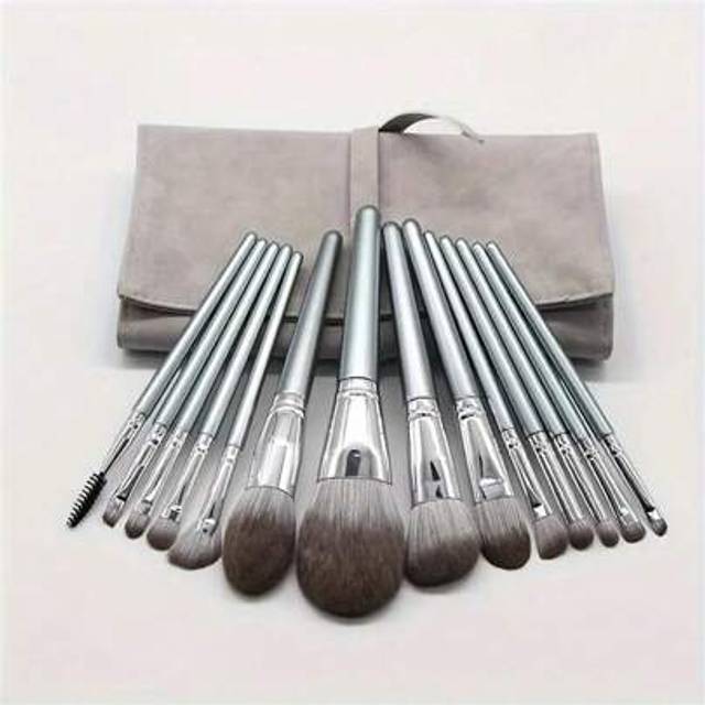 SHEIN 14-Piece Makeup Brush Set And A Standalone Pocket-Style Folding Leather Bag. Makeup Brush Set Includes Portable Soft-Bristled Powder Brush, Concealer