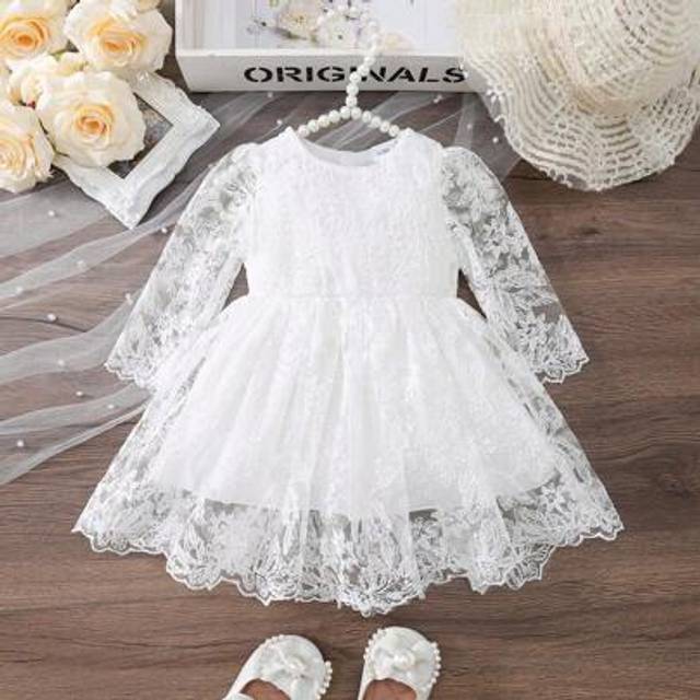 SHEIN Baby Girls&#39; Round Neck Double-Layer Lace Embroidered Backless White Dress