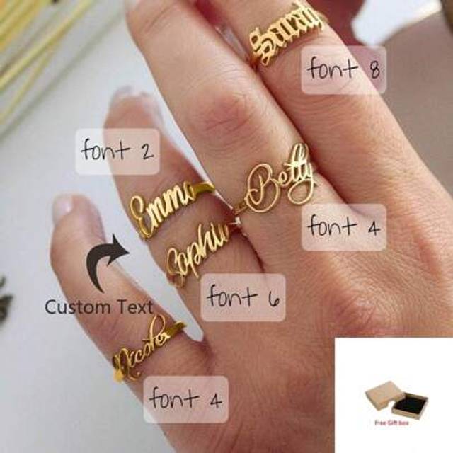 SHEIN 1PC Custom Name Rings For Women Men Personalized Name Ring Opening Adjustable Stainless Steel Gold Plated Ring Christmas Jewelry Gift For Her Mom Brid