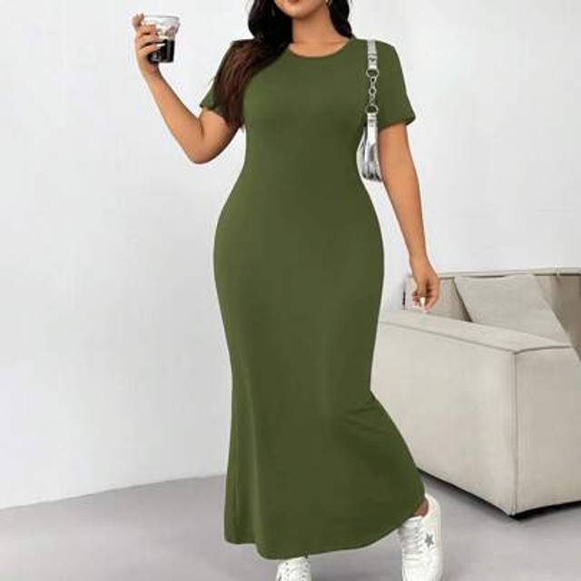 SHEIN Plus Size Military Green Casual Vacation Dress, Spring/Summer