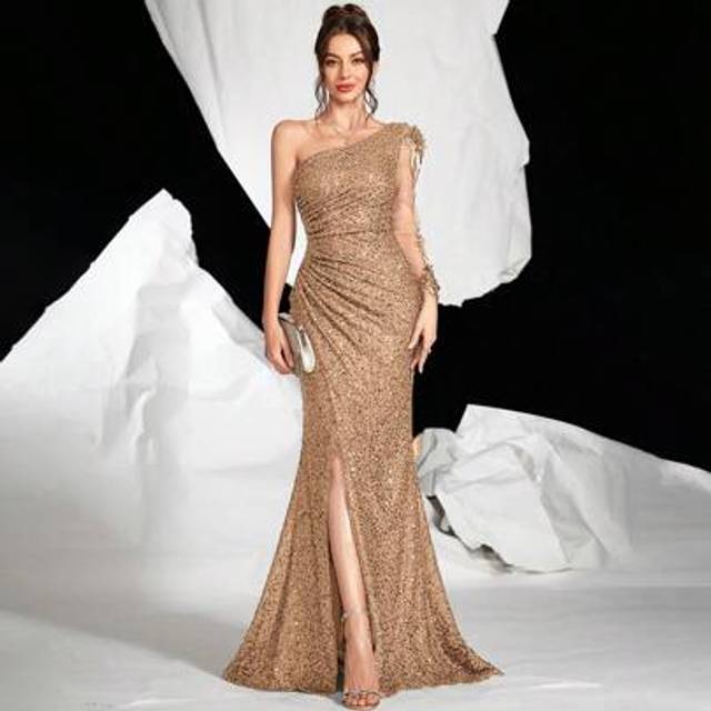 SHEIN Fashionable Sequin Decor One-Shoulder Long Sleeve Evening Dress, 3D Embroidery & Mesh Patchwork Maxi Gown, Party Dress, Wedding Guest Dress, Formal Dr