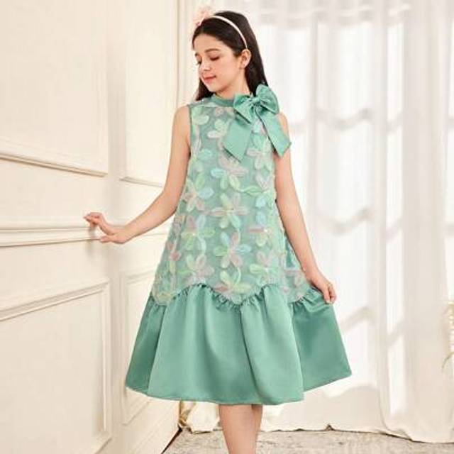 SHEIN Tween Girls Elegant Floral Print Stand Collar Ruffle Hem Short Sleeve Dress