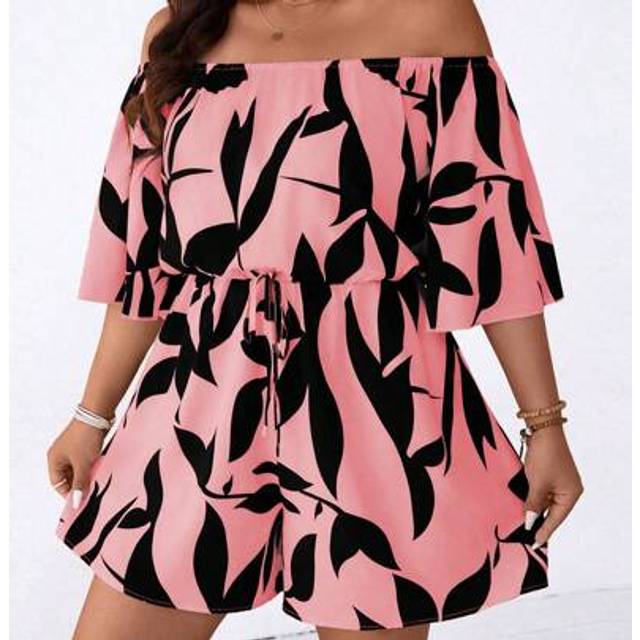 SHEIN Plus Size Women Casual Printed Off Shoulder Jumpsuit Romper