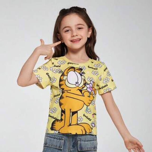 SHEIN Young Girl Cartoon White Flower Print Yellow Pastoral Cute Short Sleeve T-Shirt
