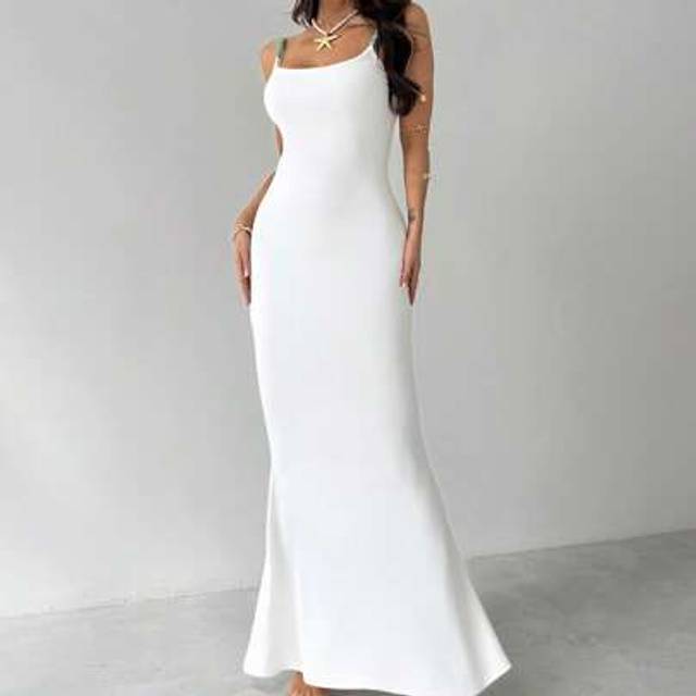 Firerie Women&#39;s Summer New Elegant Vacation Beach Holiday Fancy Ball Party Wedding Guest Dress, White Pearl Decorated Spaghetti Strap Backless Bodycon Long Dr