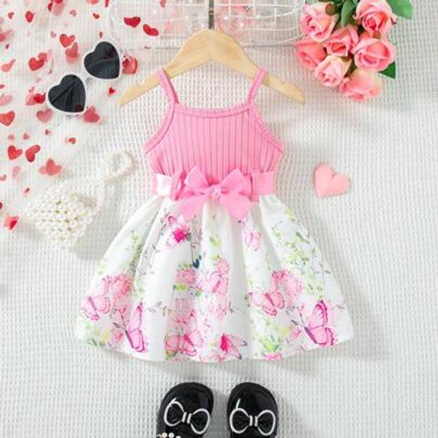 SHEIN Baby GirlSummer New Model 2025 Red Ribbed Heart Print Ruffle Hem Simple Fashionable Adorable Sweet Suspender Dress