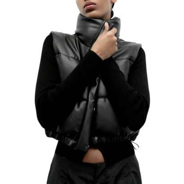 SHEIN Women&#39;s PU Leather Puffer Vest Solid Color Stand Collar Quilted Waistcoat Fall Winter Casual Sleeveless Padded Jacket Coat