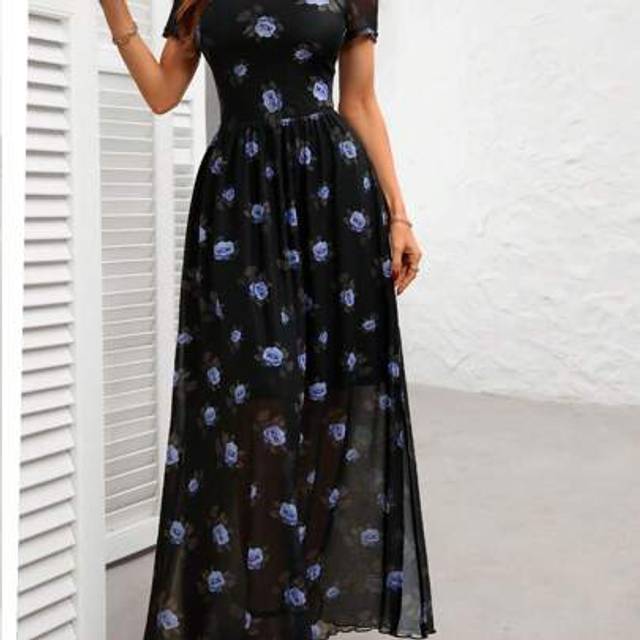 SHEIN Women Gothic Vintage Black And Yellow Rose Printed Mesh Spliced Double-Layered High Collar Waist-Cinched Asymmetric Hemline Dress