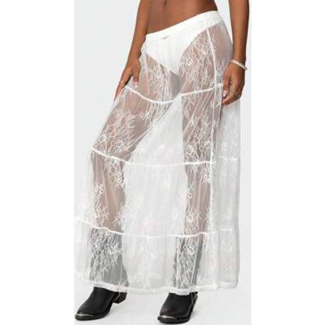 SHEIN Women&#39;s Sexy Sheer Lace Skirt High Waisted Floral Embroidered Ruffled A Line Long Maxi Beach Skirts