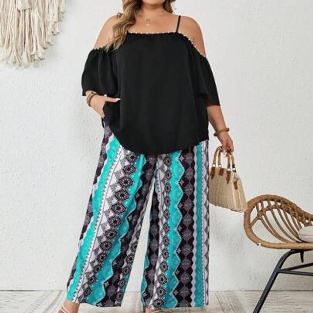 SHEIN Plus Size Women Summer Open Shoulder Short Sleeve Blouse And Floral Print Wide Leg Pants 2 Pieces Set Boho Vacation