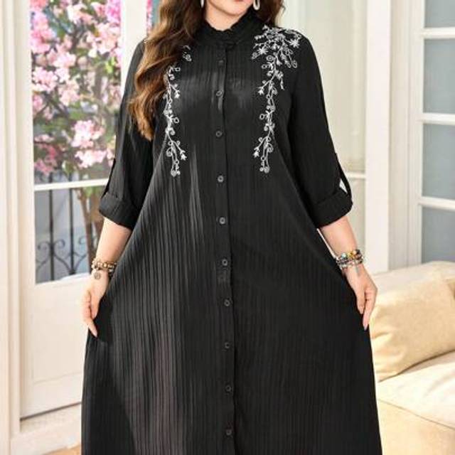 SHEIN Plus Size Women&#39;s Embroidered Long Sleeve Peter Pan Collar Loose Casual Shirt Dress