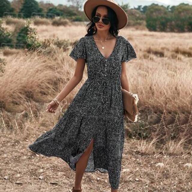 SHEIN All Over Print Split Hem A-Line Dress Maxi Women Outfit